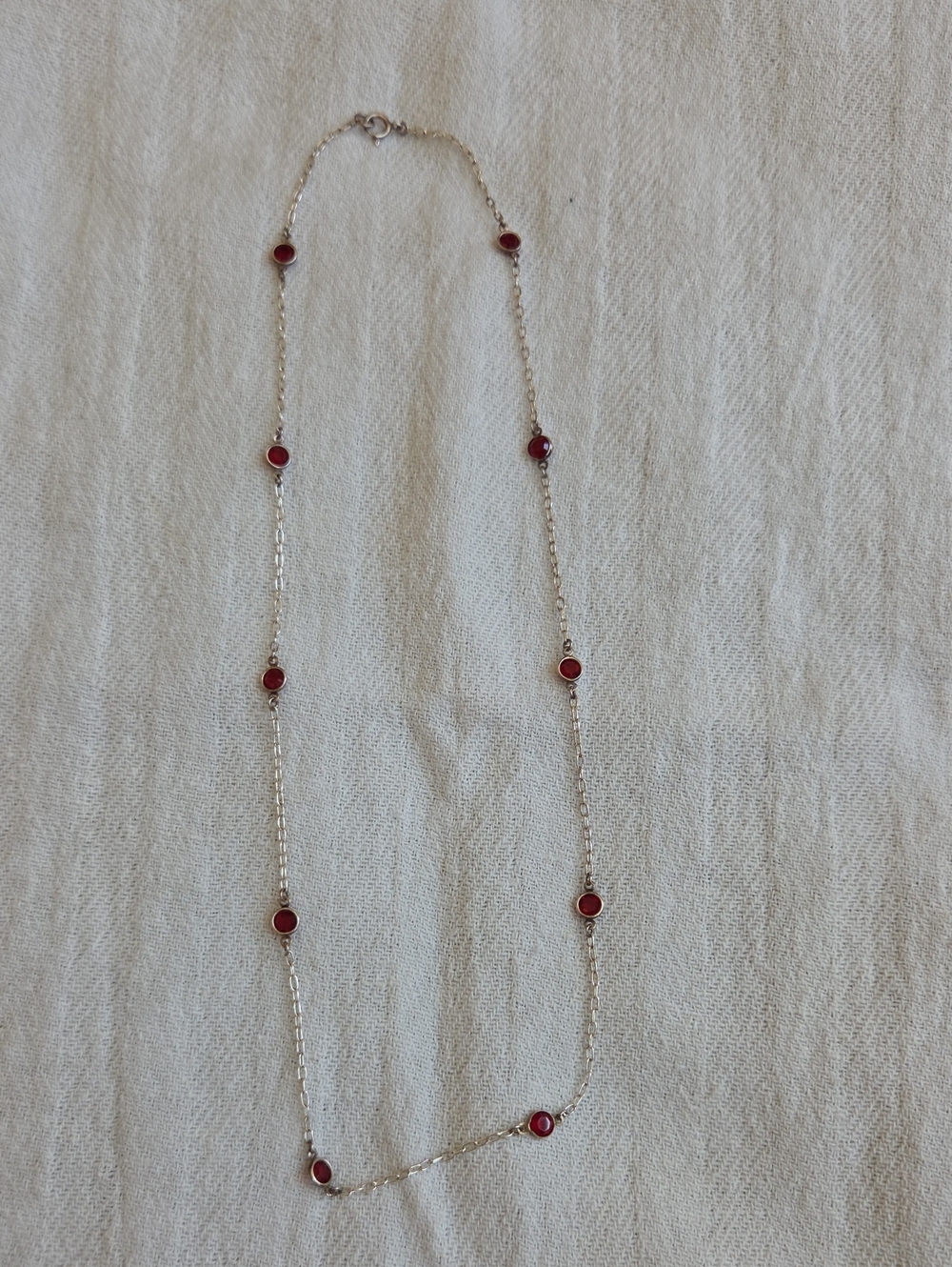 Dainty Silver Station Necklace With Small Red "Glass" Beads 16 in.